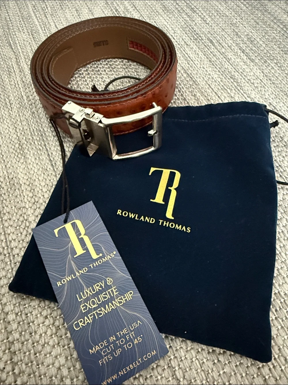 Men's Rowland Thomas Brown Ostrich-Leather Belt with Silver Buckle
